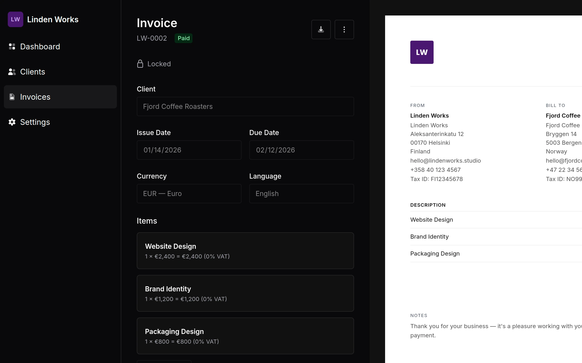 Kodeo invoice list showing invoice statuses and amounts
