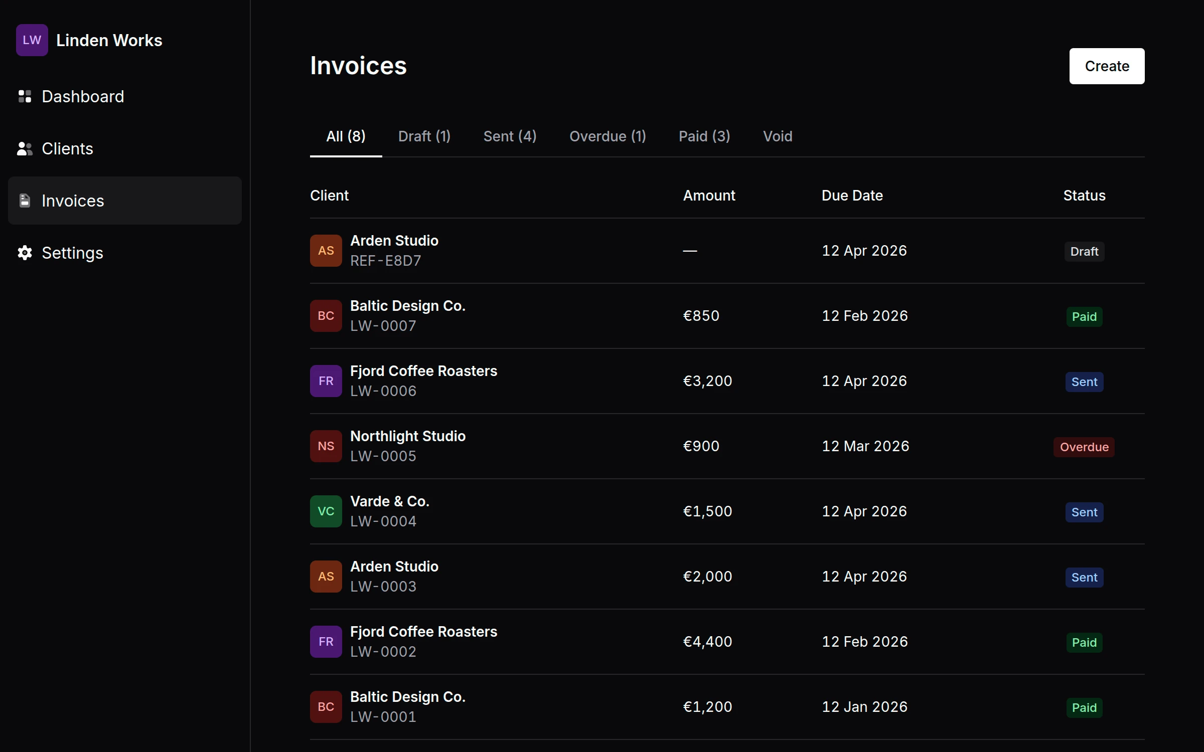 Kodeo invoice detail view with line items and payment status
